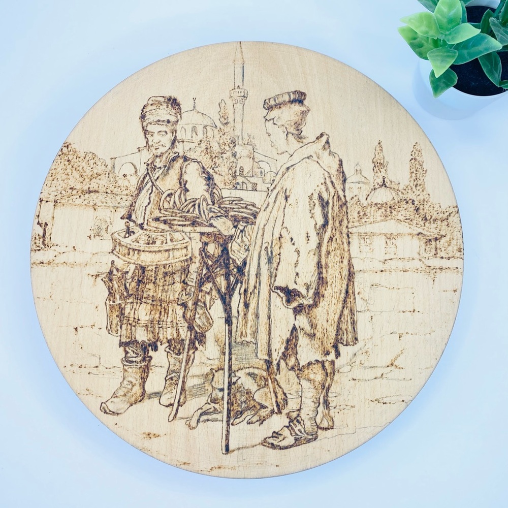 Vintage Polish Handcrafted Wood Burning Merchants Wooden Medallion MCM Fine Art